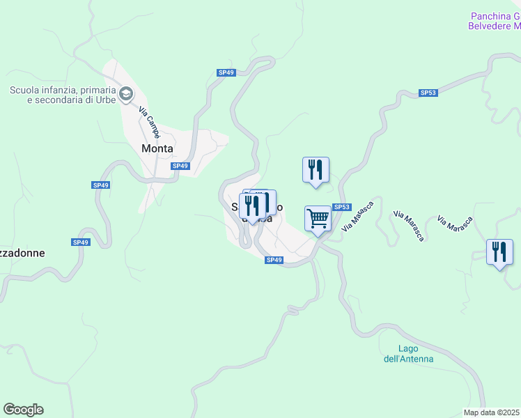 map of restaurants, bars, coffee shops, grocery stores, and more near 1 Piazza San Pietro in San Pietro D'olba