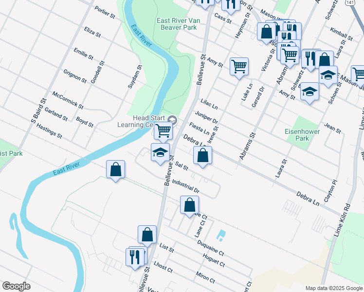 map of restaurants, bars, coffee shops, grocery stores, and more near 1211 Bellevue Street in Green Bay