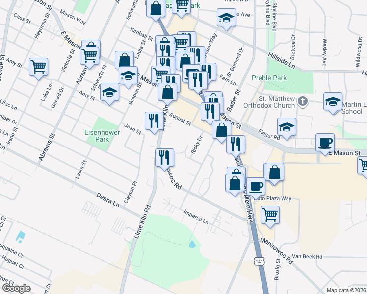 map of restaurants, bars, coffee shops, grocery stores, and more near 2025 Vine Street in Green Bay