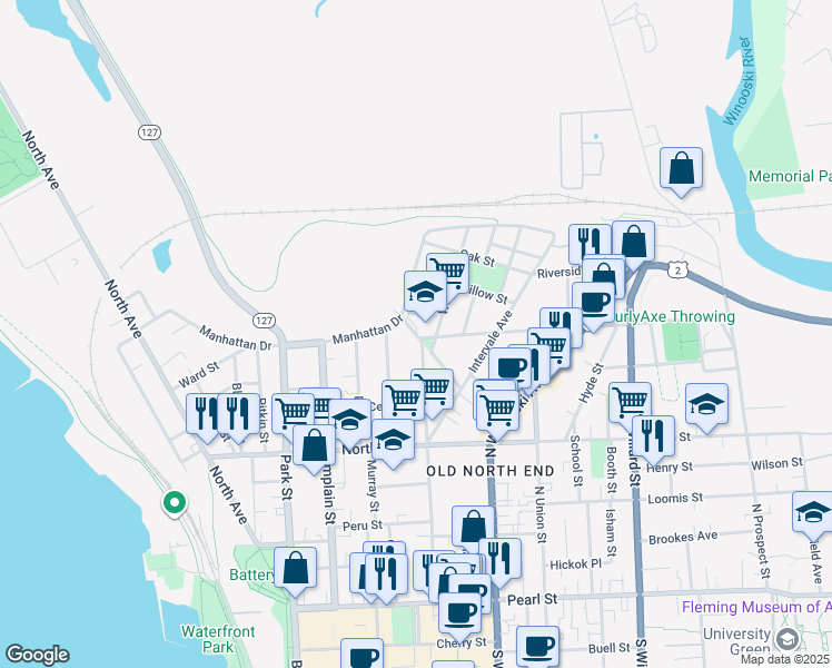map of restaurants, bars, coffee shops, grocery stores, and more near 284 Manhattan Drive in Burlington