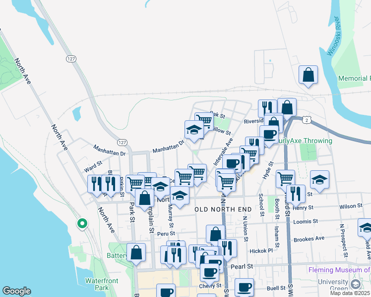 map of restaurants, bars, coffee shops, grocery stores, and more near 284 Manhattan Drive in Burlington