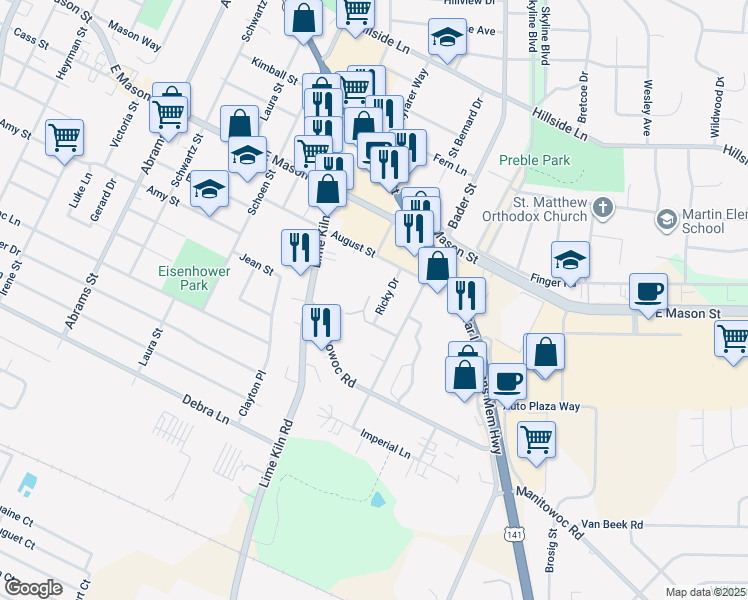 map of restaurants, bars, coffee shops, grocery stores, and more near 2016 August Street in Green Bay
