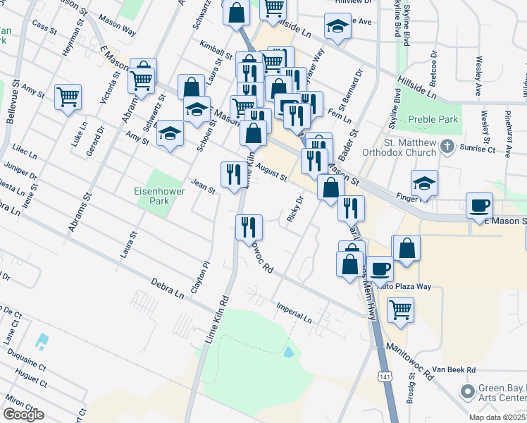 map of restaurants, bars, coffee shops, grocery stores, and more near 2016 August Street in Green Bay