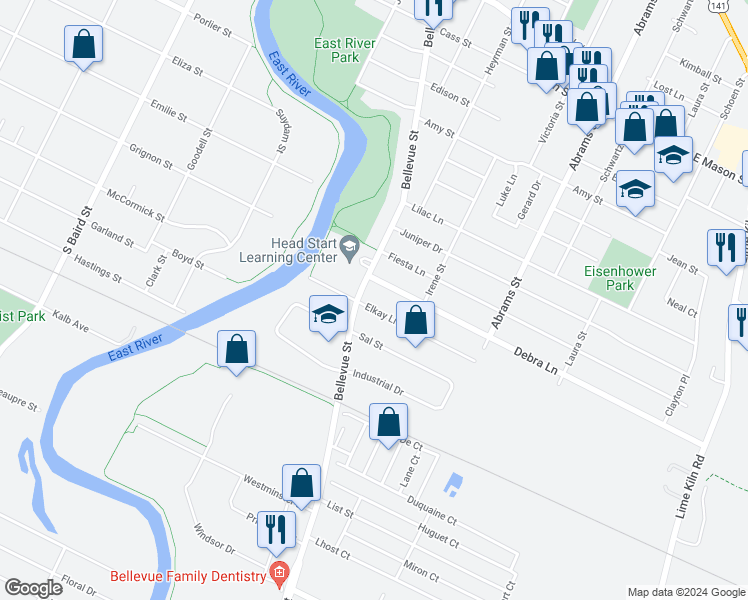 map of restaurants, bars, coffee shops, grocery stores, and more near 1211 Bellevue Street in Green Bay