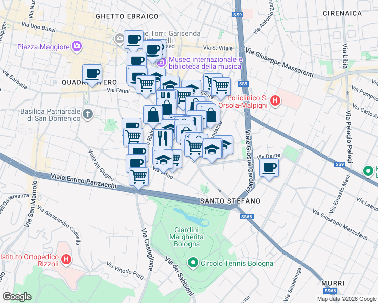 map of restaurants, bars, coffee shops, grocery stores, and more near in Bologna