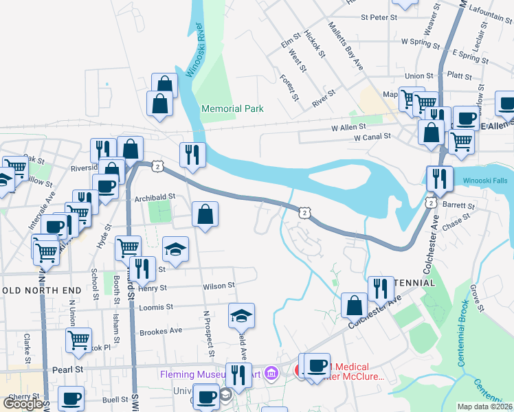 map of restaurants, bars, coffee shops, grocery stores, and more near 2 Central Vermont Railway in Burlington