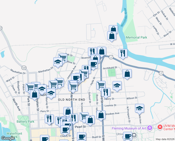 map of restaurants, bars, coffee shops, grocery stores, and more near 27 Bright Street in Burlington