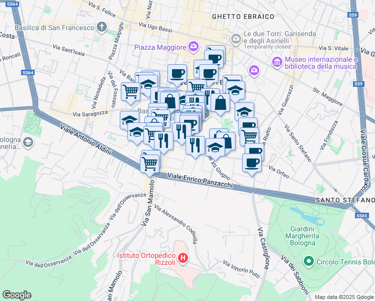 map of restaurants, bars, coffee shops, grocery stores, and more near in Bologna