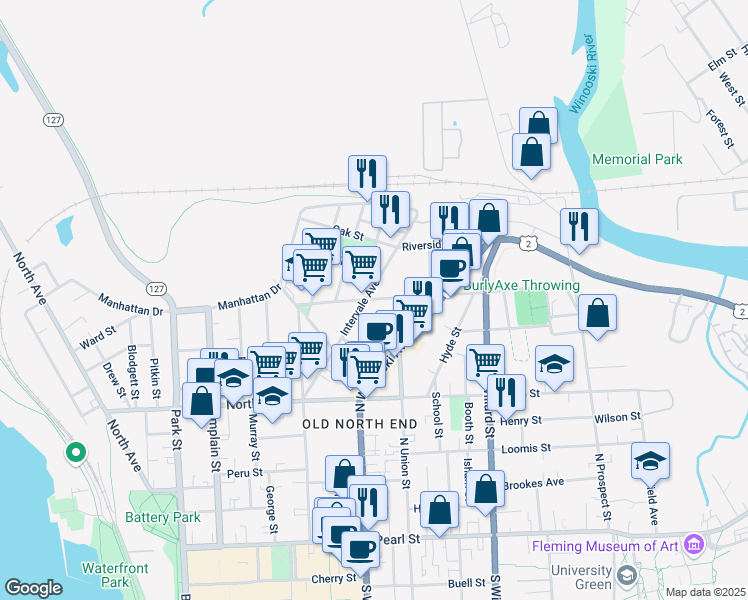 map of restaurants, bars, coffee shops, grocery stores, and more near 150 Intervale Avenue in Burlington