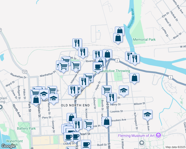 map of restaurants, bars, coffee shops, grocery stores, and more near 133 Archibald Street in Burlington