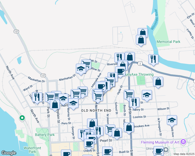 map of restaurants, bars, coffee shops, grocery stores, and more near Intervale Avenue in Burlington