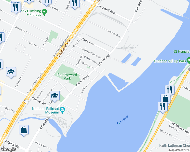 map of restaurants, bars, coffee shops, grocery stores, and more near 2126 Early Street in Green Bay