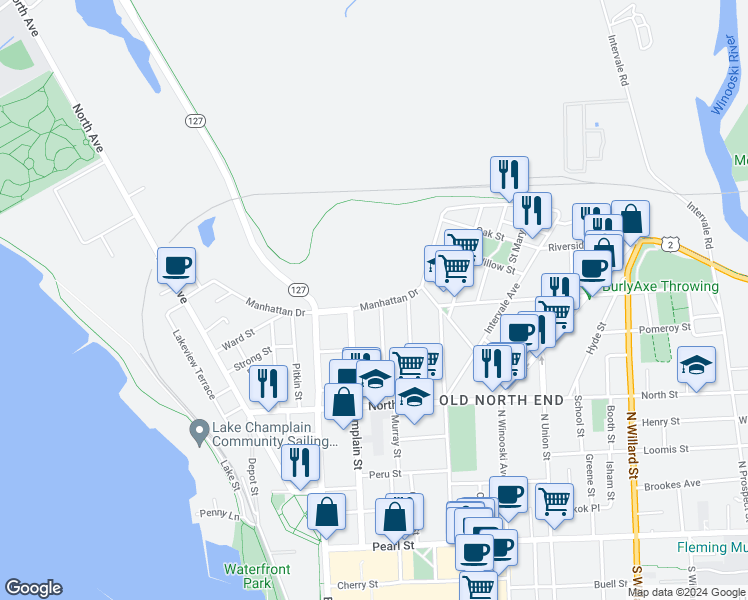 map of restaurants, bars, coffee shops, grocery stores, and more near 232 Manhattan Drive in Burlington