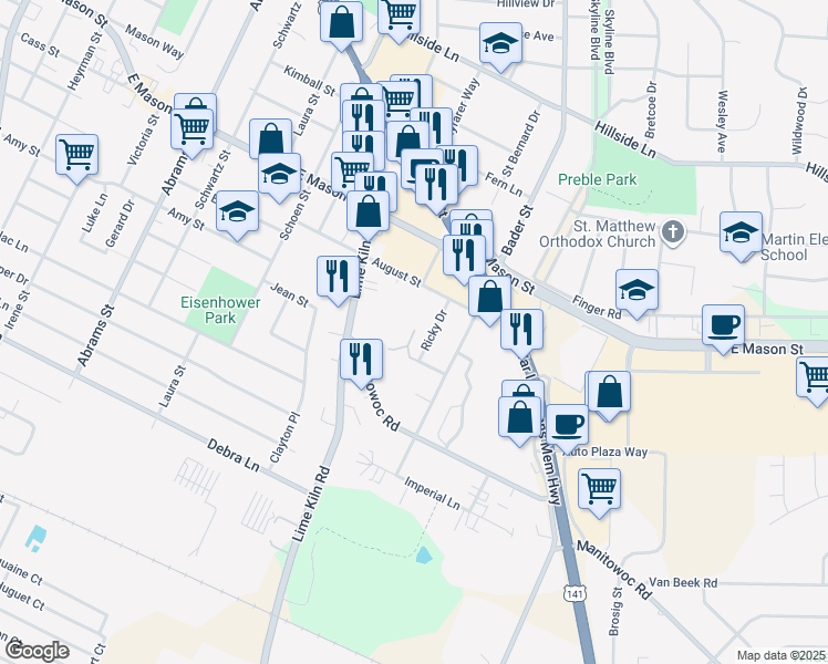 map of restaurants, bars, coffee shops, grocery stores, and more near 2033 Vine Street in Green Bay