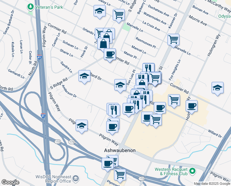 map of restaurants, bars, coffee shops, grocery stores, and more near 955 Willard Drive in Ashwaubenon