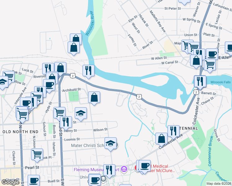 map of restaurants, bars, coffee shops, grocery stores, and more near 1 Central Vermont Railway in Burlington