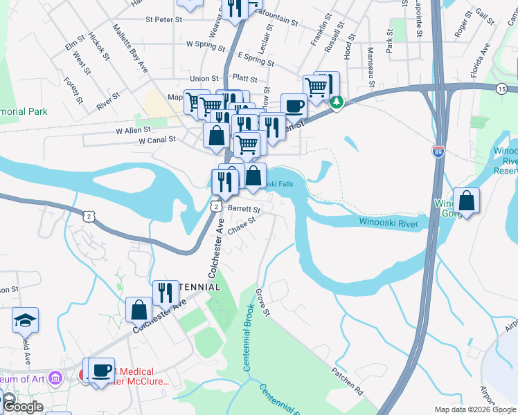 map of restaurants, bars, coffee shops, grocery stores, and more near 1 Mill Street in Burlington