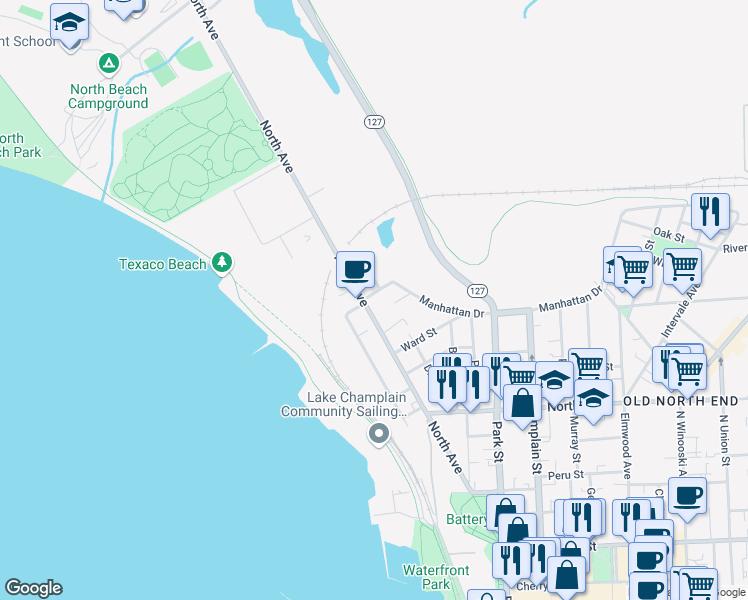 map of restaurants, bars, coffee shops, grocery stores, and more near 32 Washington Street in Burlington