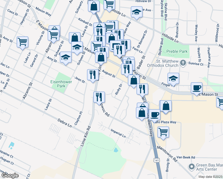 map of restaurants, bars, coffee shops, grocery stores, and more near 2016 August Street in Green Bay
