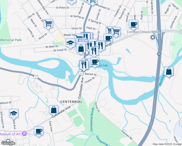 map of restaurants, bars, coffee shops, grocery stores, and more near 32 Barrett Street in Burlington