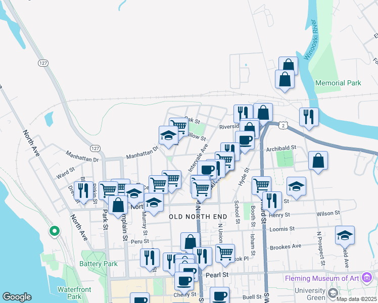 map of restaurants, bars, coffee shops, grocery stores, and more near 26 Saint Louis Street in Burlington