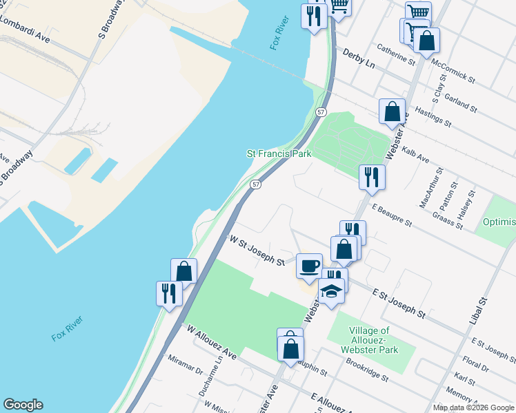 map of restaurants, bars, coffee shops, grocery stores, and more near 1810 Riverside Drive in Green Bay