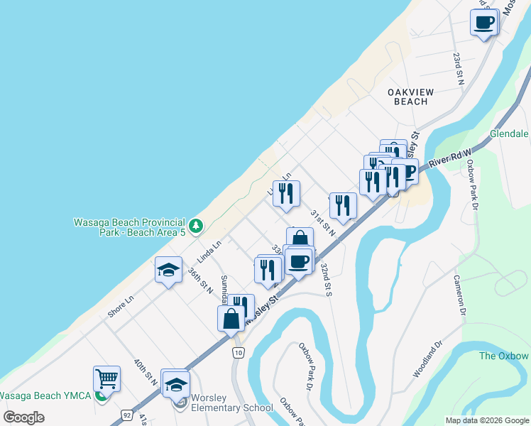 map of restaurants, bars, coffee shops, grocery stores, and more near 64 32nd Street North in Wasaga Beach