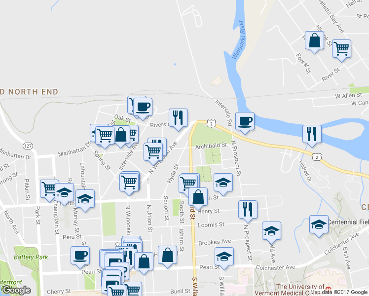 map of restaurants, bars, coffee shops, grocery stores, and more near Archibald St & Hyde St in Burlington