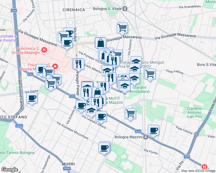 map of restaurants, bars, coffee shops, grocery stores, and more near 4 Via Filippo Schiassi in Bologna
