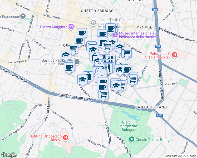 map of restaurants, bars, coffee shops, grocery stores, and more near 1-5 Vicolo Santa Lucia in Bologna