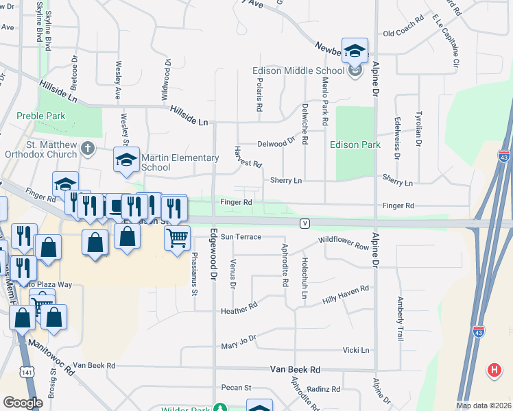 map of restaurants, bars, coffee shops, grocery stores, and more near 2545 Finger Road in Green Bay