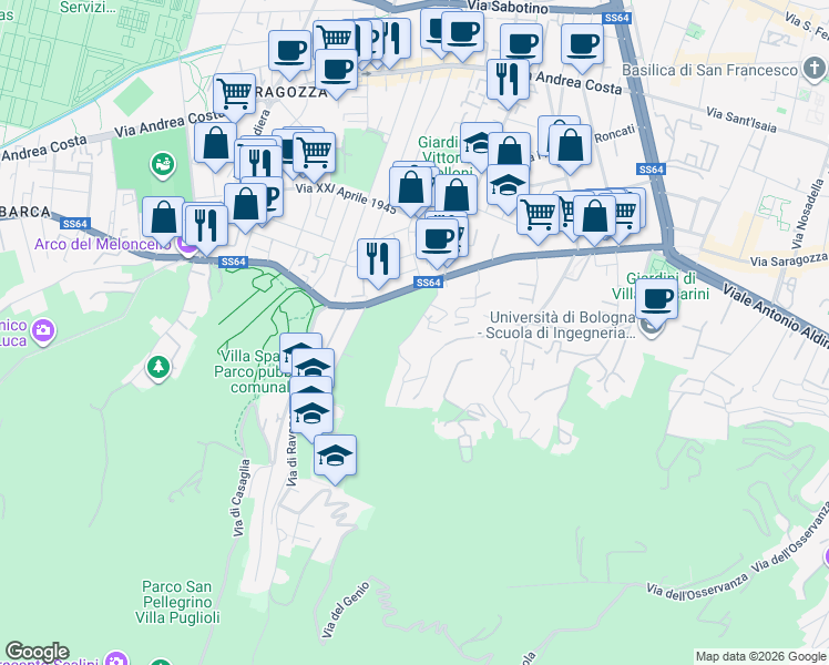 map of restaurants, bars, coffee shops, grocery stores, and more near 32 Via Francesco Orsoni in Bologna