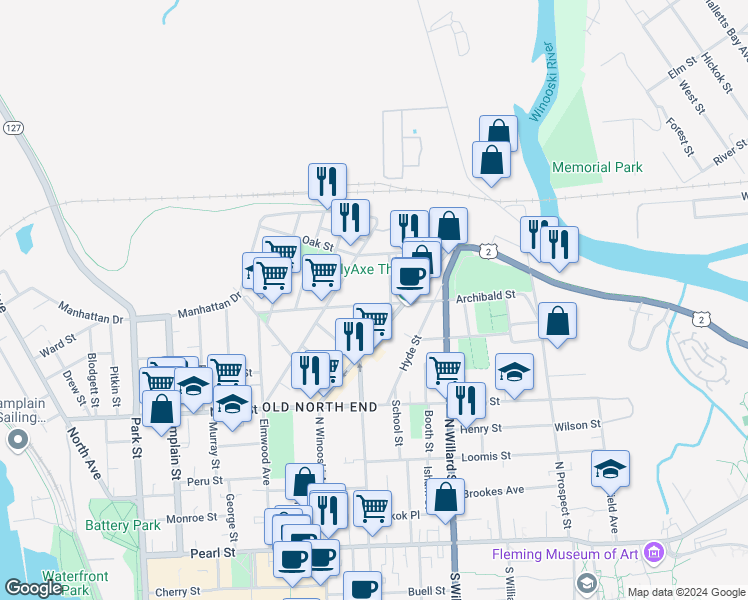 map of restaurants, bars, coffee shops, grocery stores, and more near 118 Archibald Street in Burlington