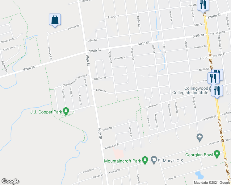 map of restaurants, bars, coffee shops, grocery stores, and more near 530 Tenth Street in Collingwood