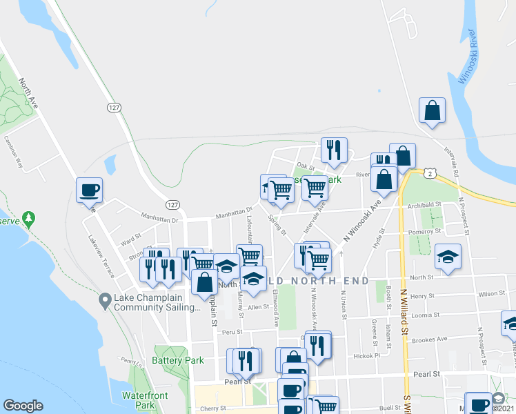 map of restaurants, bars, coffee shops, grocery stores, and more near 284 Manhattan Drive in Burlington