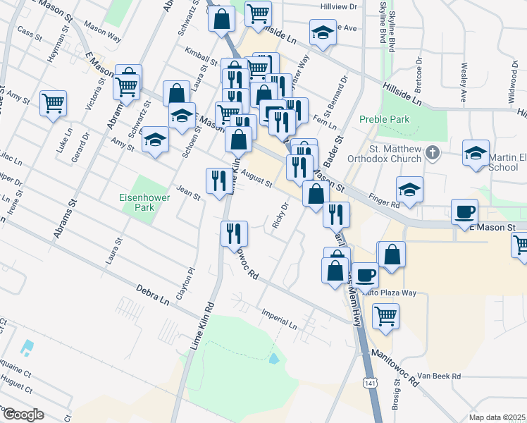 map of restaurants, bars, coffee shops, grocery stores, and more near 2016 August Street in Green Bay