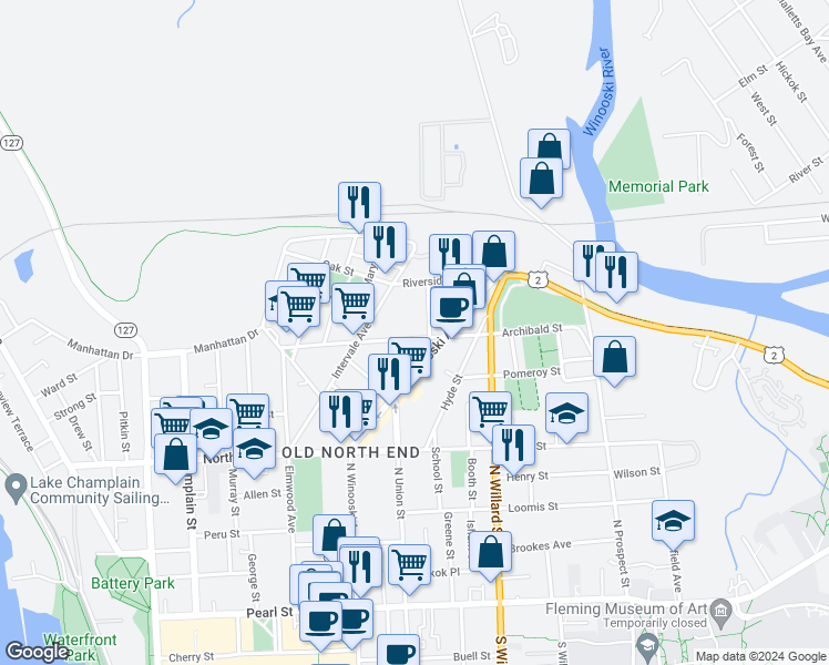 map of restaurants, bars, coffee shops, grocery stores, and more near 122 Archibald Street in Burlington