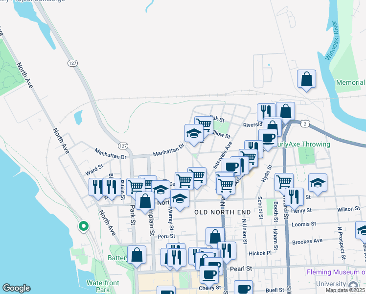 map of restaurants, bars, coffee shops, grocery stores, and more near 87 Spring Street in Burlington