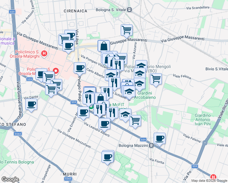 map of restaurants, bars, coffee shops, grocery stores, and more near 19 Via Pietro Mengoli in Bologna