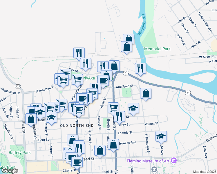 map of restaurants, bars, coffee shops, grocery stores, and more near 317 North Winooski Avenue in Burlington