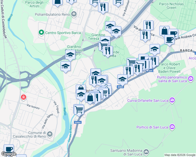 map of restaurants, bars, coffee shops, grocery stores, and more near 31 Via Caravaggio in Casalecchio di Reno