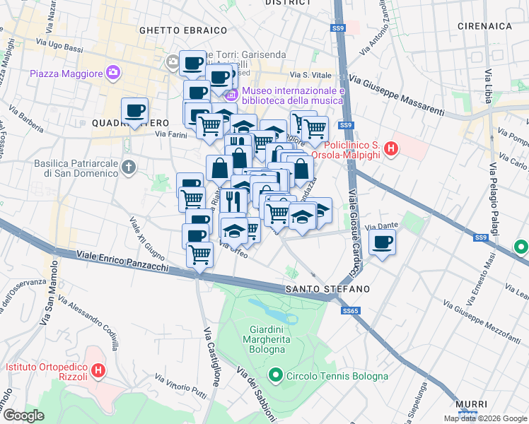 map of restaurants, bars, coffee shops, grocery stores, and more near 6-8 Via Dè Coltelli in Bologna