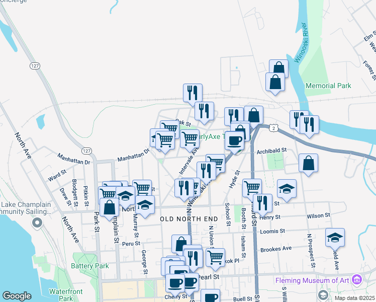 map of restaurants, bars, coffee shops, grocery stores, and more near 123 Intervale Avenue in Burlington