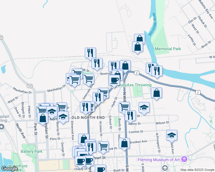 map of restaurants, bars, coffee shops, grocery stores, and more near 9 Bright Street in Burlington