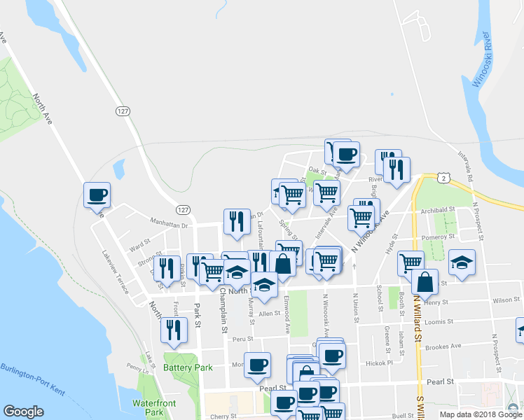 map of restaurants, bars, coffee shops, grocery stores, and more near 264 Manhattan Drive in Burlington