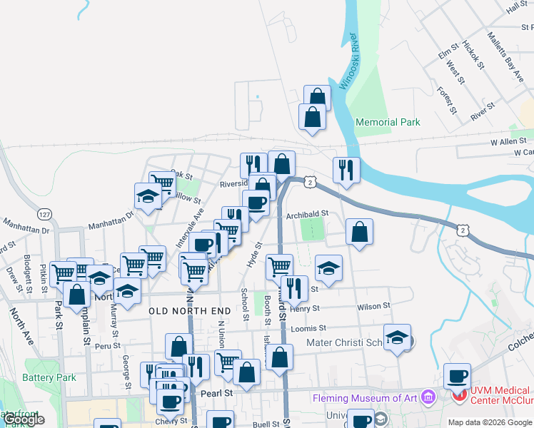 map of restaurants, bars, coffee shops, grocery stores, and more near 317 North Winooski Avenue in Burlington