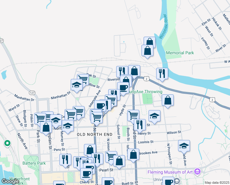 map of restaurants, bars, coffee shops, grocery stores, and more near 27 Bright Street in Burlington