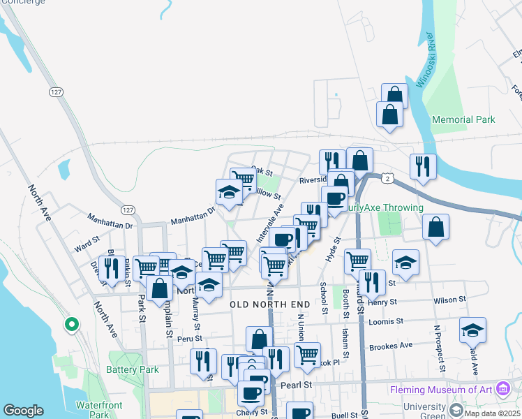 map of restaurants, bars, coffee shops, grocery stores, and more near 26 Saint Louis Street in Burlington