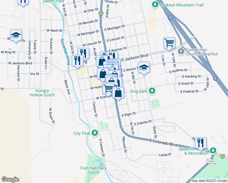 map of restaurants, bars, coffee shops, grocery stores, and more near 526 North Main Street in Spearfish