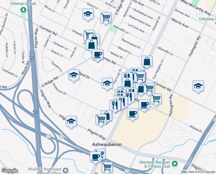 map of restaurants, bars, coffee shops, grocery stores, and more near 955 Willard Drive in Ashwaubenon